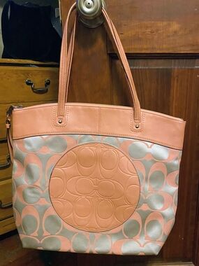 Coach Coral Pink and Silver Signature Circle Tote